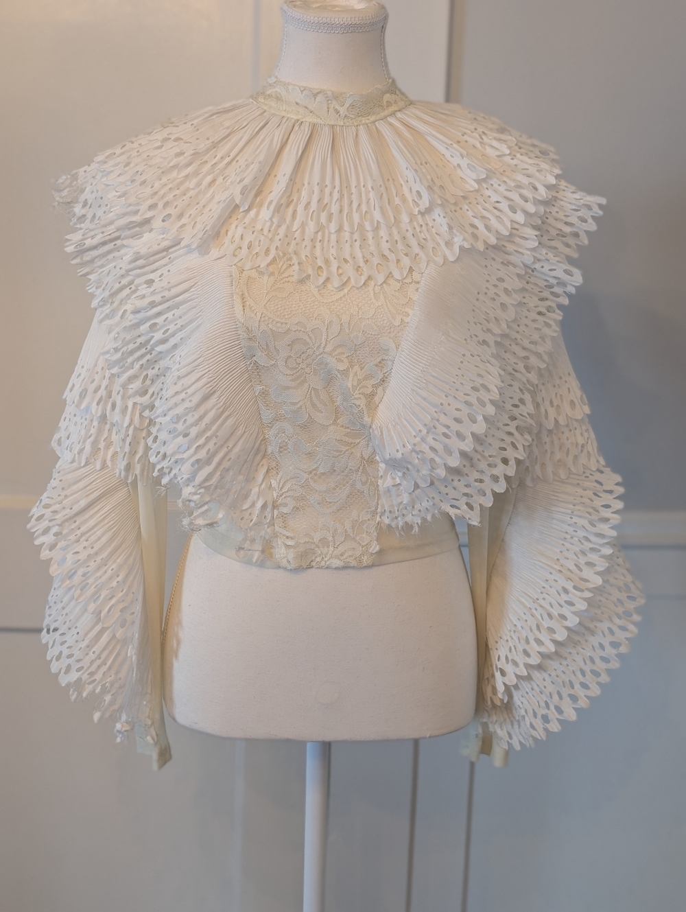 Revolve Ivory Lace Ruffled sheer Capelet Blouse